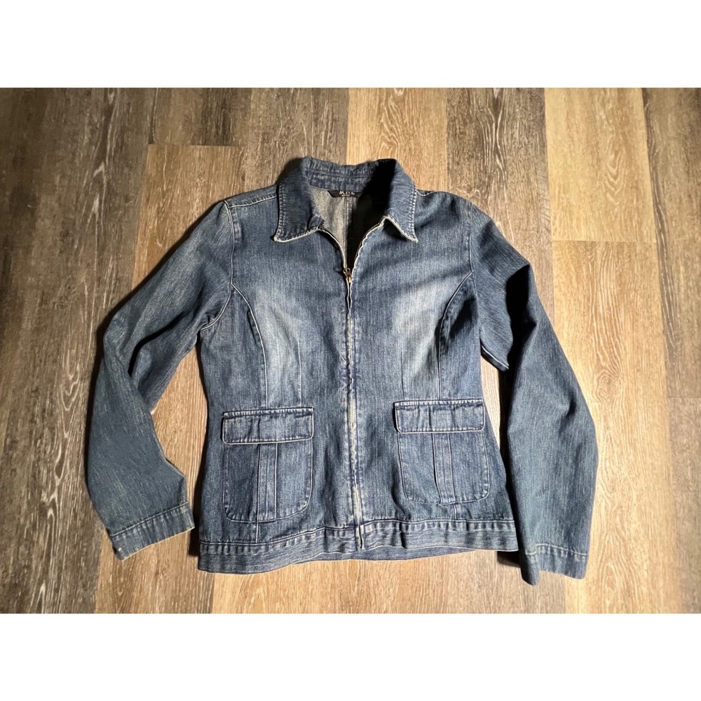 MDL New York Denim Jacket Womens Medium Blue Excellent Zip Front Utility Pockets